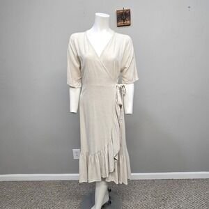 Petal + Pup True Wrap Midi Dress Womens 10 Oatmeal Linen Blend Ruffle Hem Boho